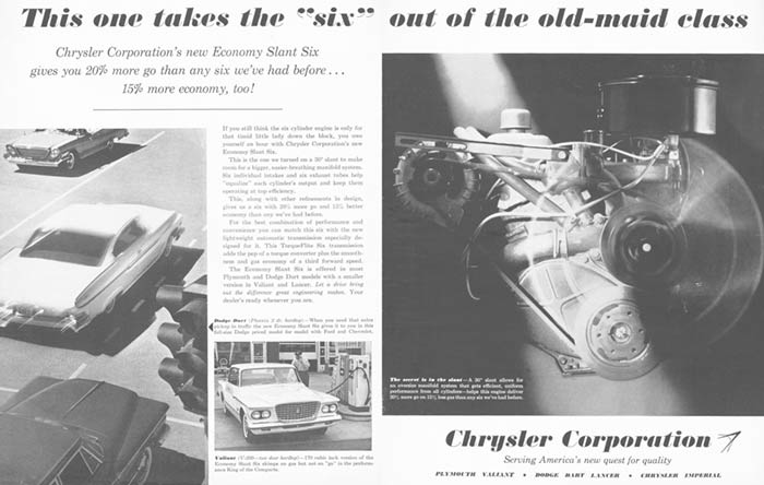 Six not an old maid engine: Chrysler ad, 1960